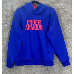 Under Armour Hoodie‎ Womens Large Blue Pink Center Spellout Pullover Sweatshirt